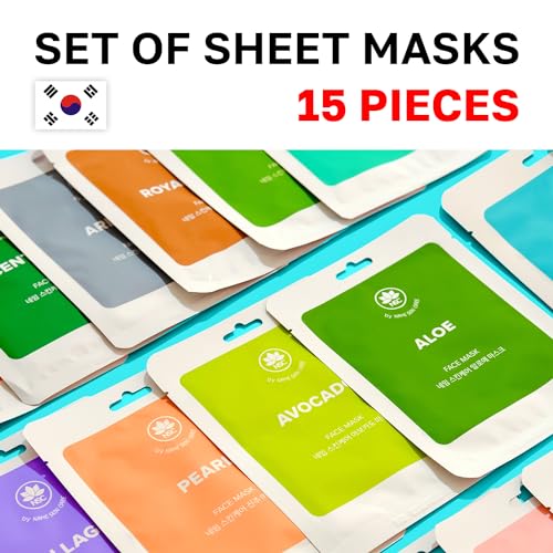 Name Skin Care Korean Cloth Sheet Face Mask Set of 15 - Facial Skin Care Hydrating Hyaluronic Acid Collagen Producing K Beauty Products - Moisturizing Brightening Asian Anti Aging KBeauty Gel FaceMask