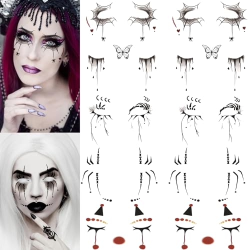 Halloween Face Makeup Tattoos Stickers, Horror Clown Demon Ghost Vampire Spider Web Eye Shadow Temporary Stickers Scary Fake Eyeshadow Tattoos for Halloween Carnival Day of Dead Party Decoration