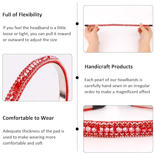 Hapdoo Red Rhinestone Headbands for Women Girls, Cute Beads Headband with Faux Crystal Diamond for Wedding Bride, Fashion Beaded Bling Hairbands Hair Hoop Accessories for Birthday Gifts