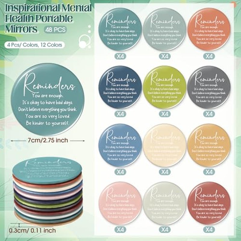 48 Pcs Mental Health Awareness Gifts Bulk Therapists Colored Compact Pocket Mirrors Positive Affirmation Gifts for Women Ladies Teacher Staff Coworker Employee Appreciation Gift (Classic)