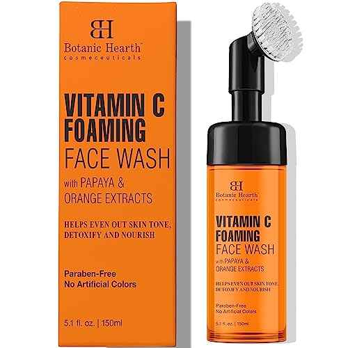 Botanic Hearth Vitamin C Foaming Face Wash With Papaya & Orange | Extracts Built|In Silicone Brush | For Cleansing & Glowing Skin | Paraben & Sulphate Free | Face Cleanser For Women & Men | 5.1 Fl Oz