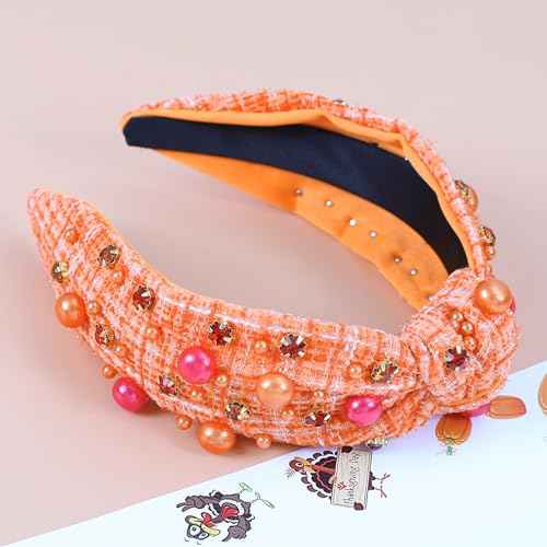 Thanksgiving Knotted Headband Fall Autumn Headbands for Women Crystal Pearl Tweed Headband Jeweled Twist Knot Hairband for Girls Thanksgiving Headpiece Hair Accessories