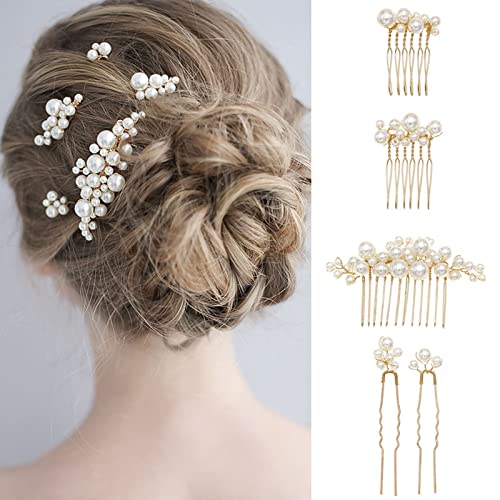 Pearl Bridal Hair Combs & Pins Set of 5 (Gold)