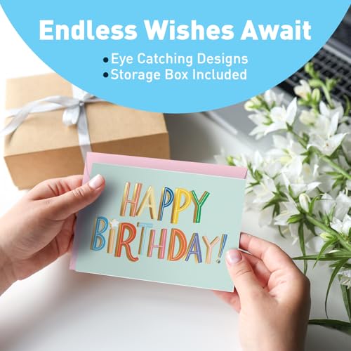 Bright Happy Birthday Cards Set with Envelopes - 50 Assorted Designs Bulk Pack