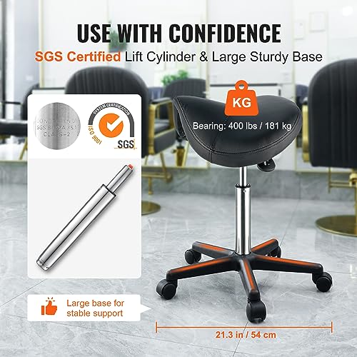 VEVOR Adjustable Saddle Stool with Wheels, 400 lbs Capacity, PU Leather Salon Chair