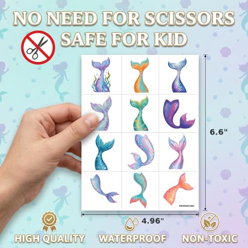 96 Mermaid Temporary Tattoos for Kids | Pre-Cut Party Favors