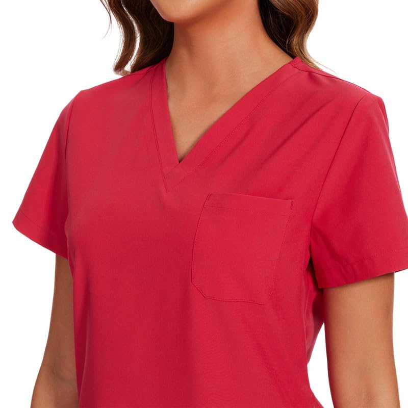 COZYFIT Scrubs for Women Set - Stretch V-Neck Scrub Top & Jogger Pant with 8 Pockets, Yoga Waistband, Anti Wrinkle, Slim Fit Women Scrubs - Rose Red, XS