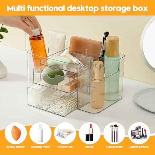 Acrylic Makeup Organizer for Countertop ? 2 Drawers & 3 Compartments, Clear Storage Bin. Multi-use for Skincare, Cosmetics, Jewelry & Small Accessories, fits Vanity, Bathroom, Office, Craft