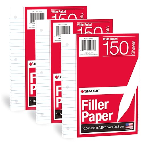 KAISA Filler Paper Loose Leaf Paper, Wide Ruled Paper, 8"x10-1/2", 3-Hole Punched Binder Paper For 3-Ring Binders,150 Sheets/pack 3Pack, F15001W