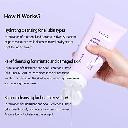 TIA'M TIAM Snail&Azulene Low pH Cleanser, Gel Facial Cleanser, Snail Secretion Filtrate, pH Balancing, Anti Acne, Breakouts Treatment, Sensitive Skin, 6.76 Fl.Oz