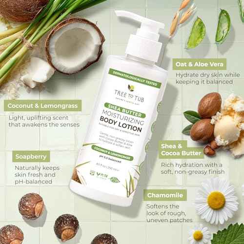 Tree to Tub Cocoa Butter Lotion for Sensitive Skin - Moisturizing Shea Butter Lotion for Extremely Dry Skin for Women & Men - Lemongrass & Coconut Body Cream w/Organic Aloe Vera, Colloidal Oatmeal