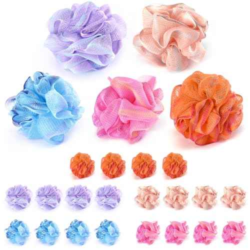 Mini Shower Loofah 20 Pack for Travel Portable Bath Sponge Puff Quick Lather Durable Mesh Gentle Exfoliation for All Ages Small Size Ideal for Home, Gym, or on The Go