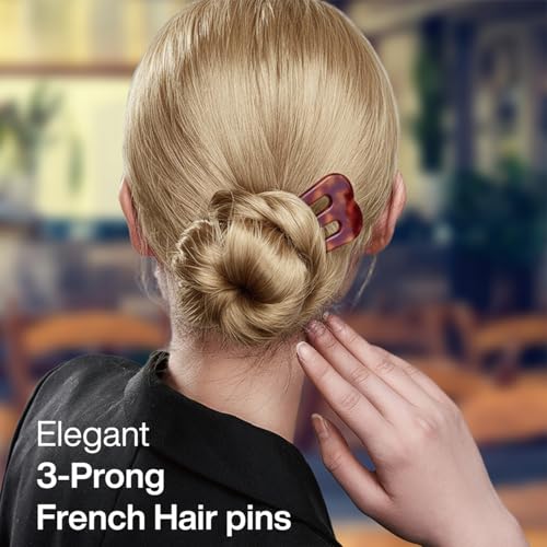 HYFEEL 3-Prong Hair Pins for Thick Hair - Tortoise & Brown