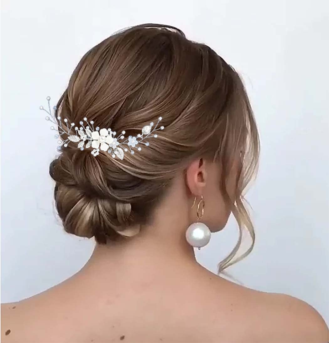 YBSHIN Flower Bride Wedding Hair Comb Silver Leaf Hair Pieces Pearl Bridal Hair Accessories for Women (Style 9)