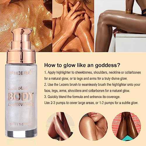 Body Shimmer Oil, Diamond Platinum Natural Glow Luminizer, Long Lasting Waterproof Moisturizing Liquid Illuminator Highlighter Makeup for a Sun-Kissed Glow, Brush Include, 1oz, Light Fair