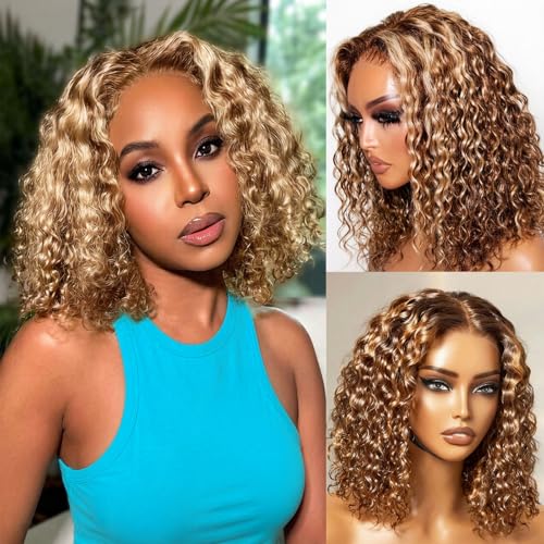12 Inch Honey Blonde Ombre Deep Wave Bob Wig - Human Hair, 180 Density, Lace Front