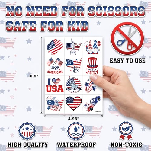 96 PCS USA Patriotic Temporary Tattoos for Kids | Fourth of July