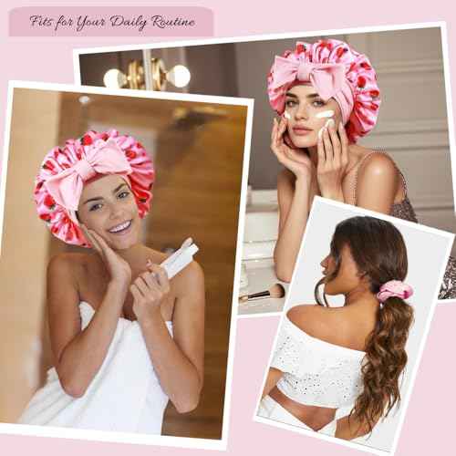 1+3 Large Satin Bonnets with Scrunchies for Women, Double Layer Hair Bonnet Tie Bonnet for Sleeping Braids Curly Hair