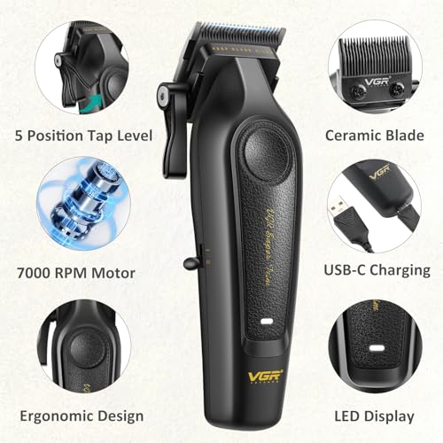 VGR 197 Professional Hair Clippers for Men, Cordless & Corded Barber Clippers with Ceramic Stainless Steel Blades, LED Indicator, Hair Cutting Kit with 6 Guide Combs & Grooming Accessories