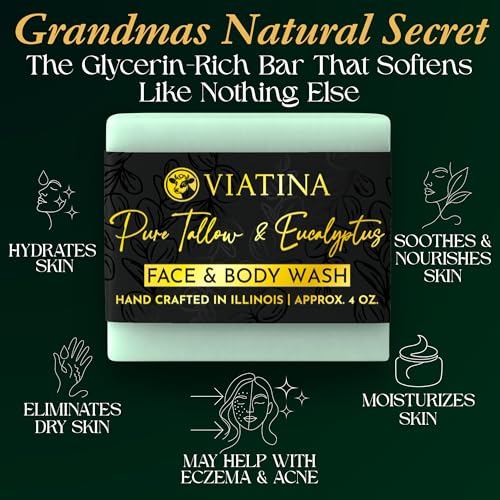 100% Beef Tallow Soap Bar Grass Fed - Natural Tallow Soap Bar for Women & Men - Eucalyptus Beef Tallow Soap - Handmade Grass Fed Tallow Soap made in USA - 3 Pack