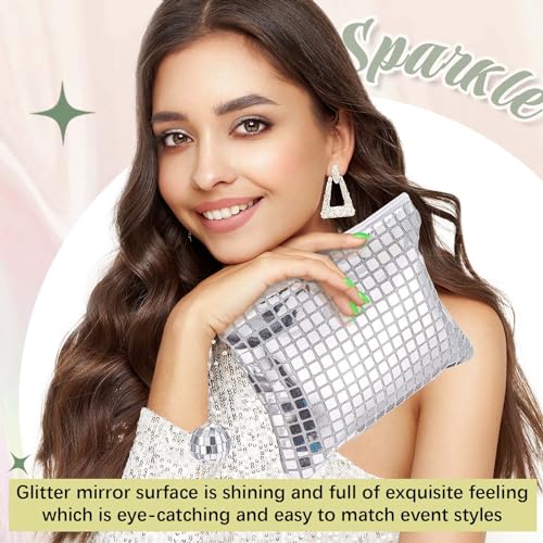 20 Pack Disco Makeup Bags Pop Star Party Favors Portable Glitter Sequin Mirror Cosmetic Organizer with Zipper, Suit for Bachelorette New Years Eve 70s, 80s, 90s Disco Party Favor (Silver)