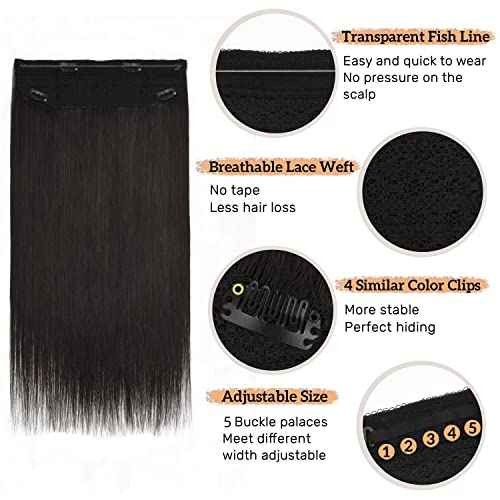 Wire Hair Extensions 18 Inch Invisible Fish Line Hair Extensions #1b Natural Black Wire Extensions Human Hair Piece with Transparent Line 100g Fish Wire Hair