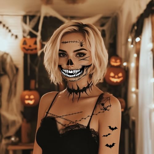 8-Piece Skeleton Halloween Face Tattoos - Waterproof Makeup Stickers