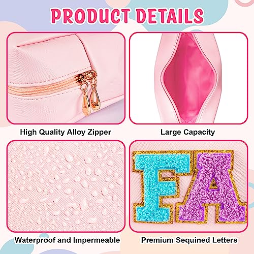 ZAUGONTW 4Pcs Large Cosmetic Bag Preppy Makeup Bag Chenille Letter, PU Leather Waterproof Travel Organizer Hair Bags with Nylon Zipper Patches Makeup Organizer Bags Set for Women Girls