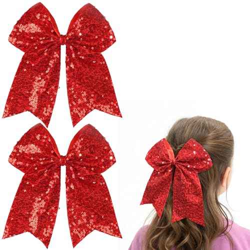 Red Glitter Bow Clips, 7.5 Inch Large Hair Bows Ponytail Holder Hair Accessories for Girls Women Teens for Cheerleading, Dance, Party (Red)