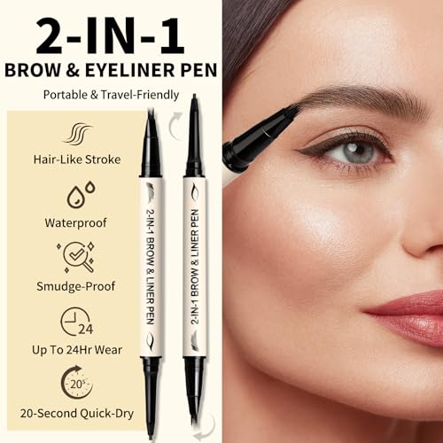 UCANBE 2-in-1 Eyebrow Pen & Gel Eyeliner Pencil ? Microblading Eye Brow Pencil with Brow-Fection Angled Brush Tip + 1.5mm Ultra-Fine Eye Liner, Waterproof, Quick-Dry, Long Lasting (Black Brown)