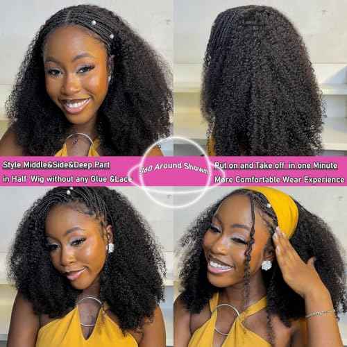 Half Wig Human Hair Afro Kinky Curly Wigs for Black Women 200 Density Glueless Wigs 100% Human Hair Ready to Go 3 In 1 Seamless Flip Over Drawstring Headband Wig for Women Clip in No Sew In 22 Inch