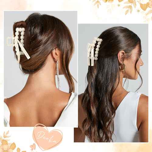 DEEKA Bridesmaid Gifts Set of 8 Bridesmaid Proposal Gift Pearl Bride Hair Clips with Ribbon Large Hair Clips Bachelorette Party Favors Bridal Party Present Gifts (Rectangle White&Champagne)