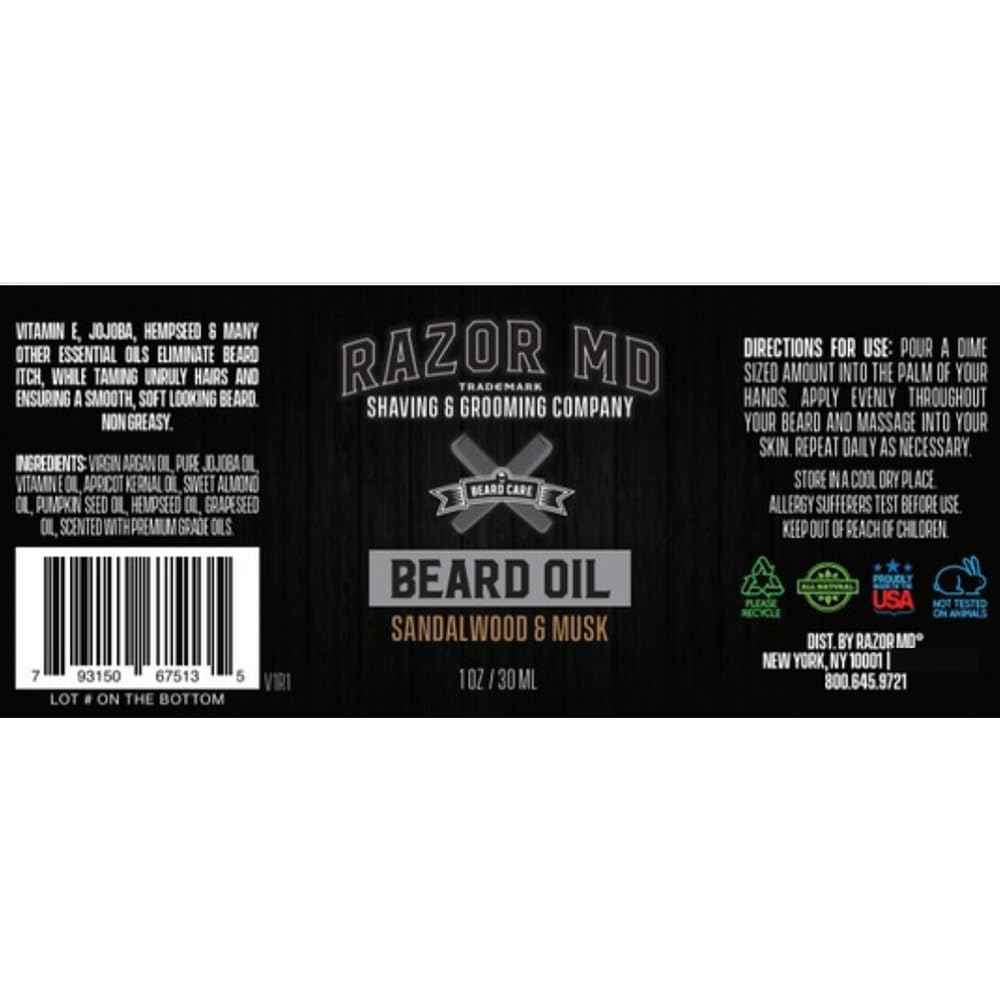 Razor MD Natural Beard Oil for Men with Fast Absorbing Formula and Non-Greasy Finish, Sandalwood Scent, 1oz