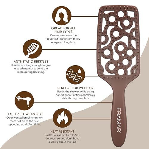 FRAMAR Chocolate Vented Curved Hair Brush for Blow Drying - Professional Salon Quality