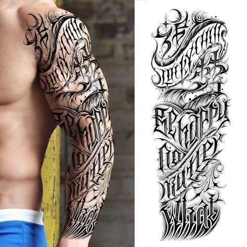 20 Sheets Cool Tirbal Maori Full Arm Temporary Tattoos For Men Adults Thigh, Black Totem Armband Robot Arm Letter Fake Sleeve Tattoos For Women, Bulk 3D Halloween Tattoo Stickers Loyalty Faith
