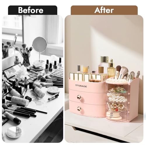 XIAPIA Compact Makeup Organizer with Drawers for Vanity & Skincare - Pink