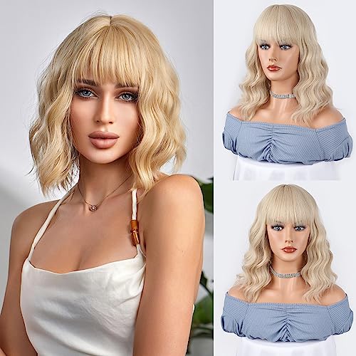 Aiemnnie Short 613 Bob Wig with Bangs for Women Wavy Wig Synthetic Wigs with Bangs Curly Wavy Wig for Girls Daily Use （14 Inches）