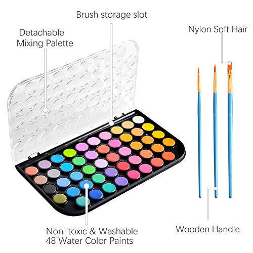 Upgraded 48 Colors Washable Watercolor Paint Set with 3 Brushes and Palette, Non-toxic Paints Sets for Kids, Adults, Beginners Artists, Make Your Painting Talk…