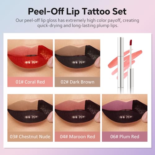 5Pcs Quick Drying Peel off Lip Liner Stain Set, Natural Matte Peel off Lip Liner Stain for Conturing Filling Lips, Maroon Plum Coral Brown Chestnut Lip Stains Tints Long Lasting Waterproof, Easy Apply
