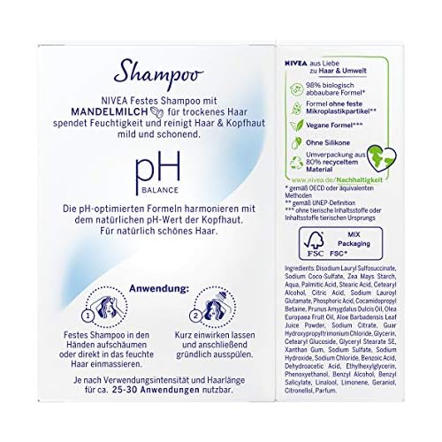 NIVEA Solid Shampoo Bar for Dry Hair, pH Balance Formula with Almond Milk, Vegan, 2.65 oz, 25-30 Washes