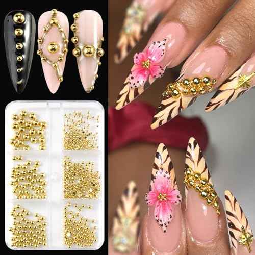 3D Mixed Sizes Flat Back Steel Beads Nail Charms, Gold Half Round Metal Caviar Beads Ball Nail Art Studs Rivets Jewelry for Home DIY and Professional Nail Art Salon Crafts Decorations