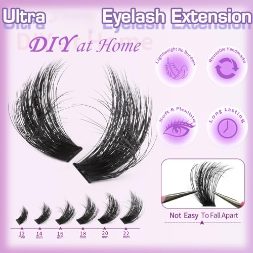 Lash Clusters 200D Long Lash Clusters Thick Volume Lashes Clusters 12-22mm Eyelash Clusters D Curly Cluster DIY at Home Wispy Individual Lashes for Beginners Eyelash Extension by FOINEMYED
