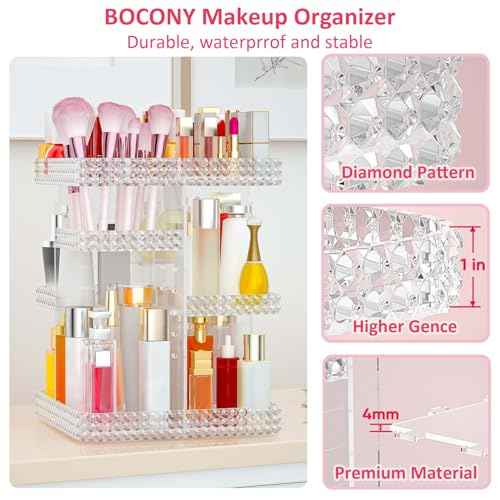 Rotating Makeup Organizer, Large Capacity Cosmetic Display Case, Acrylic Skincare Organizer with Makeup Brush, Makeup Storage Organizer for Dresser Countertop and Bathroom Vanity - Clear