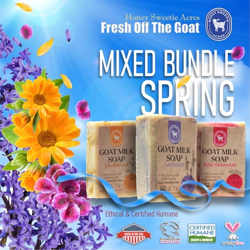 Honey Sweetie Acres 3-Pack Goat Milk Soap ? Lavender, Rose Geranium & Calendula ? Floral Spring Scents ? Handcrafted 5 oz Bars ? Made in the USA