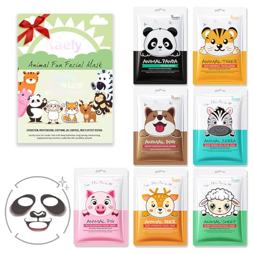 Kaely 7 Pack Kids Face Mask Spa, Animal Face Masks for Kids Teens Women Skincare, Animal Character Sheet Facial Mask for All Skin Types, Girls Night Party Skin Care Set, Birthday Christmas Gifts, 01B