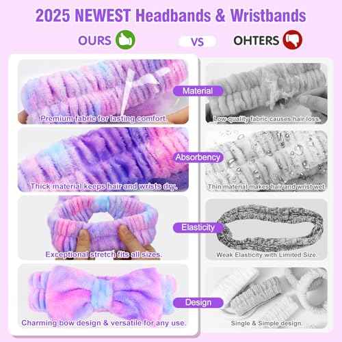 Spa Headbands for Women with Wristband Set: Facial Makeup Headbands for Girls & Teens - Soft Coral Fleece Elastic Hair Wraps with Wrist Accessories for Washing Face Shower Bath Beauty Skincare Gifts