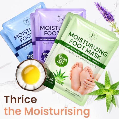 BLOOMORA Moisturizing Foot Mask Socks for Dry Cracked Feet, 6-Pack