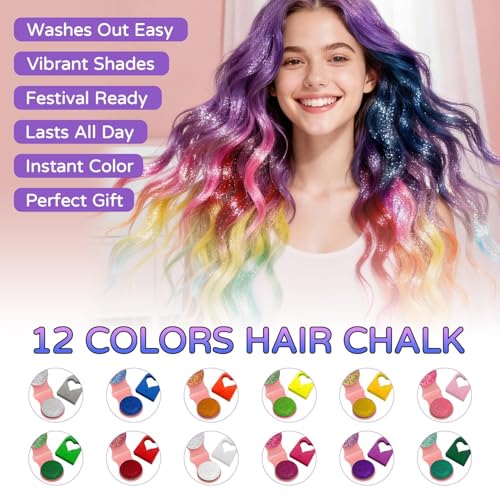 12 Color Glitter Hair Chalk – Shimmer & Sparkle
