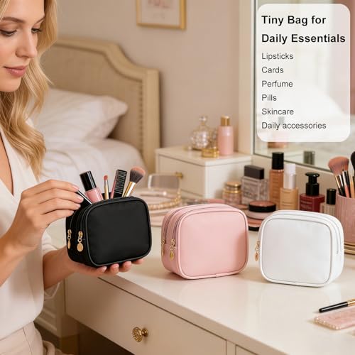 Compact Double Zipper Makeup Pouch - Travel Cosmetic Bag - Black