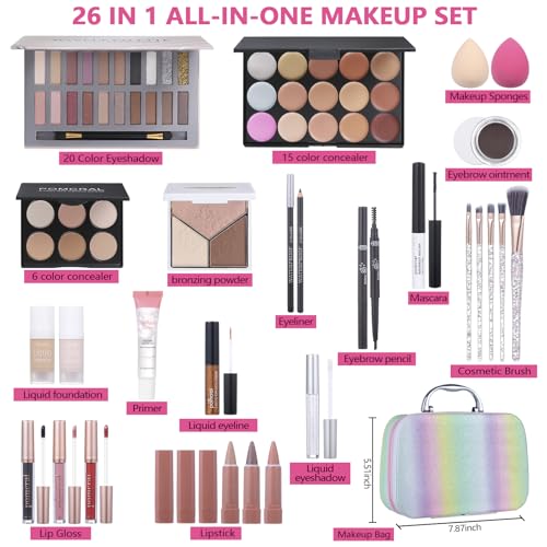 Pomcral 20 Color Makeup Kit for Women Teens Girls with Eyeshadow, Foundation, Lipstick & Brushes